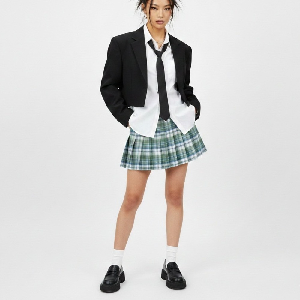 Womens School Girl Knife Pleated Mini Skirt Blue Plaid 90s Y2K Preppy Size Sโ